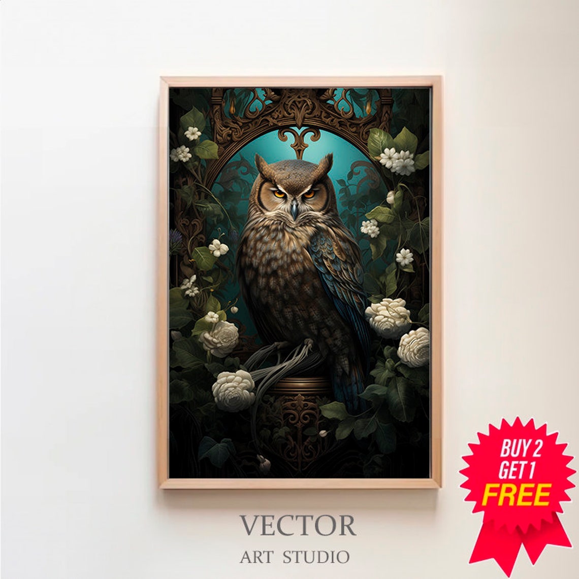 Owl Under a Golden Arch with White Roses Gothic Fantasy Art Poster