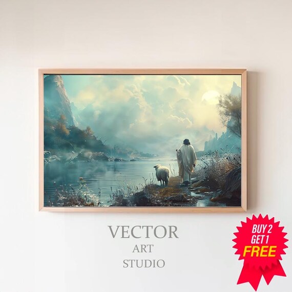 Jesus with a Sheep Standing by a Misty Teal Mountain Lake Poster