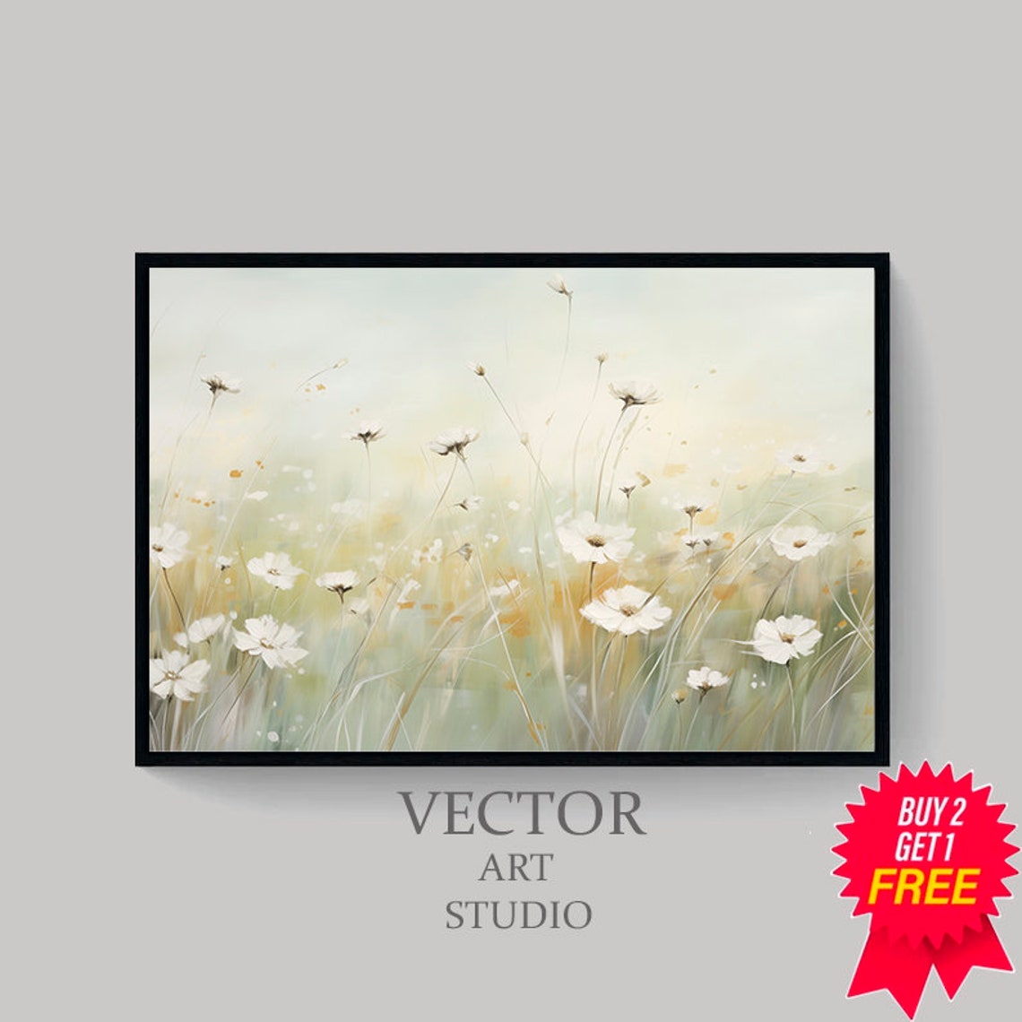 White Wildflowers in a Misty Green Meadow Soft Botanical Poster - Image 4