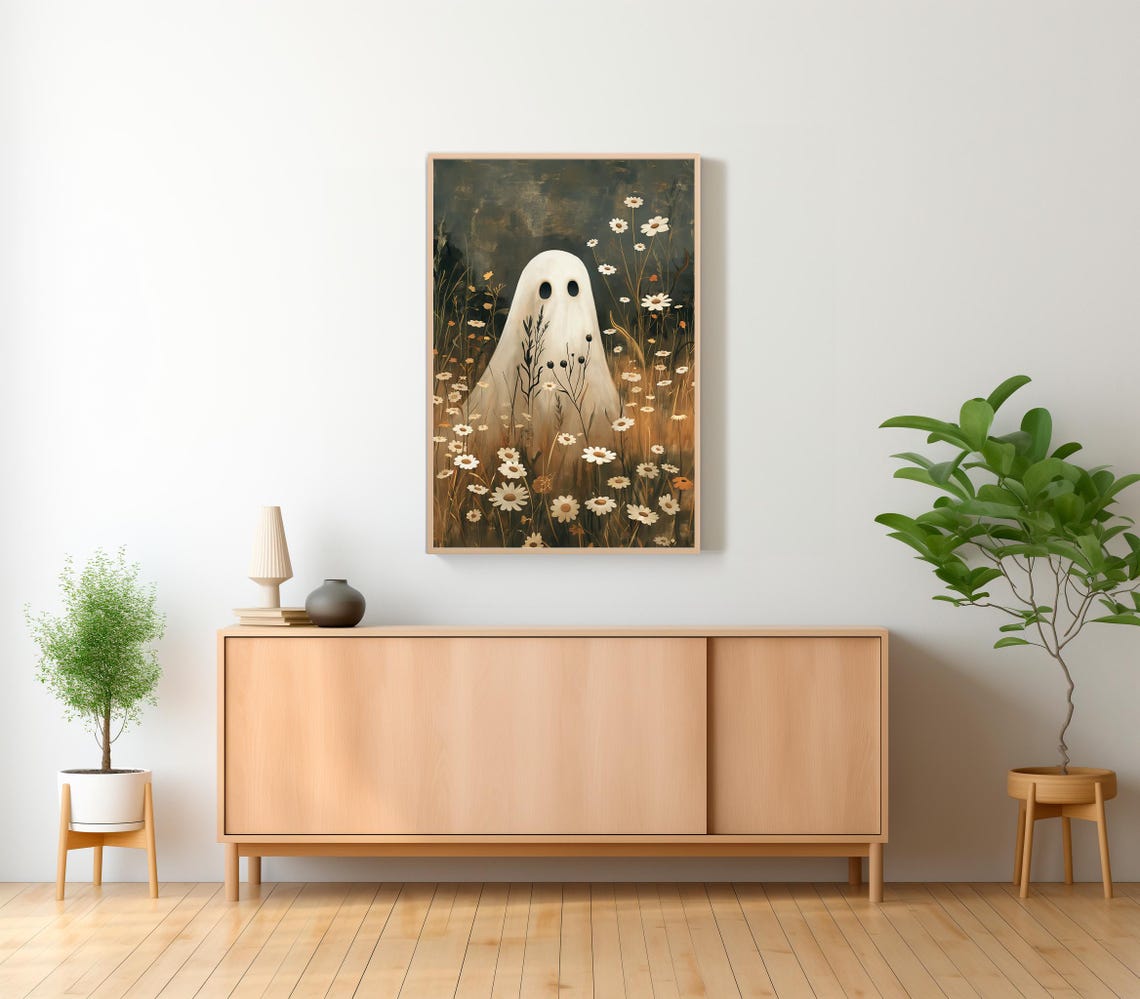 Cute Ghost in Daisy Meadow Dark Vintage Halloween Decor Poster - Image 2
