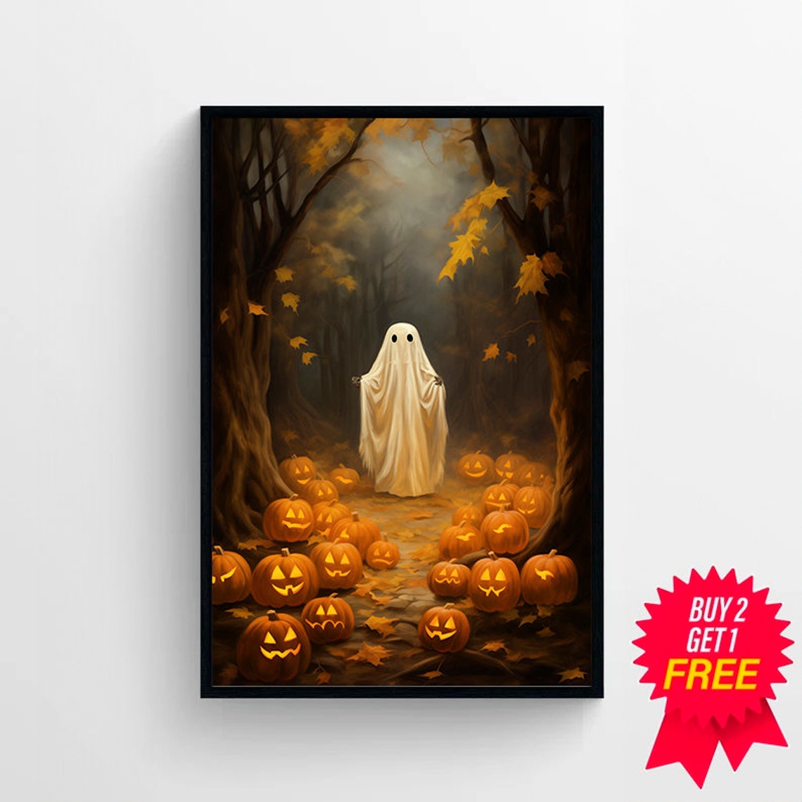 Ghost Among Glowing Jack O Lanterns Misty Woods Halloween Poster - Image 4