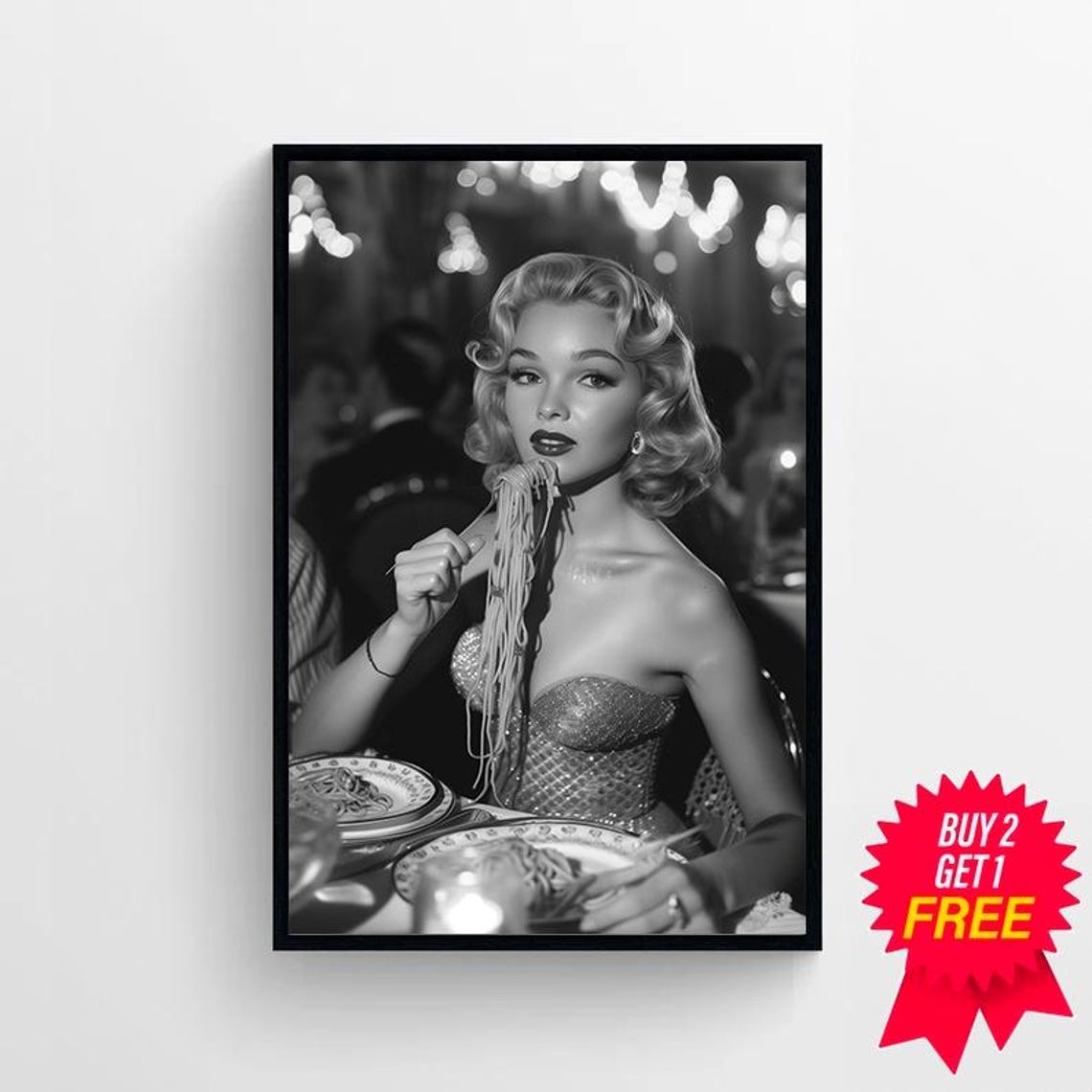 Glamorous 1950s Woman Eating Spaghetti at a Restaurant Photo Poster - Image 4