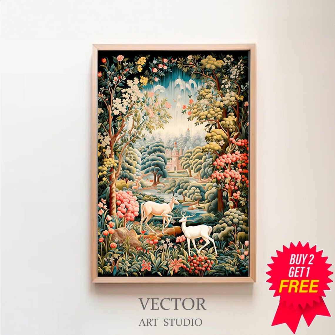 Tapestry Style Enchanted Forest with Two White Deer Vintage Art Poster