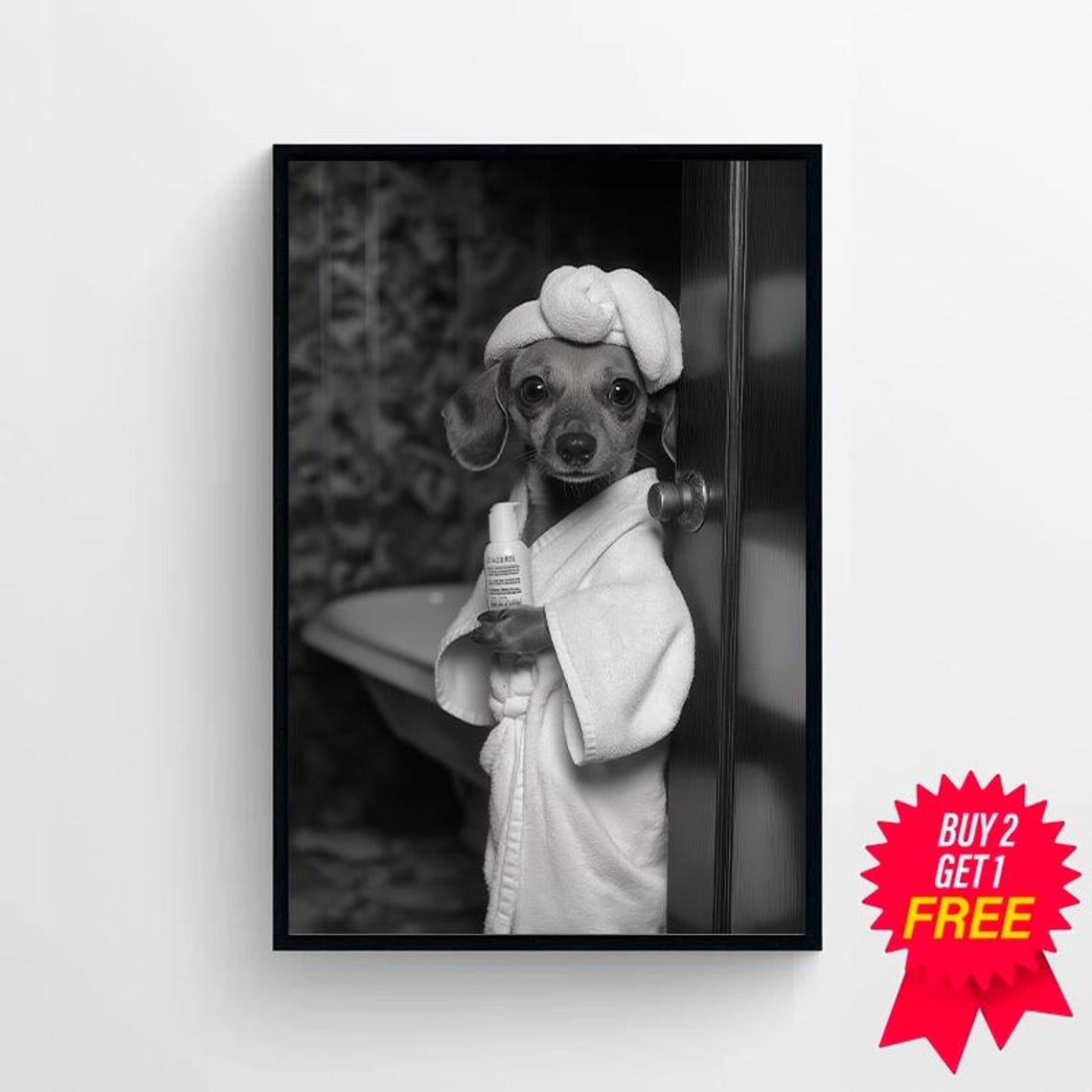 Dachshund In Bathrobe Peeking From Bathroom Door Photo Poster - Image 4