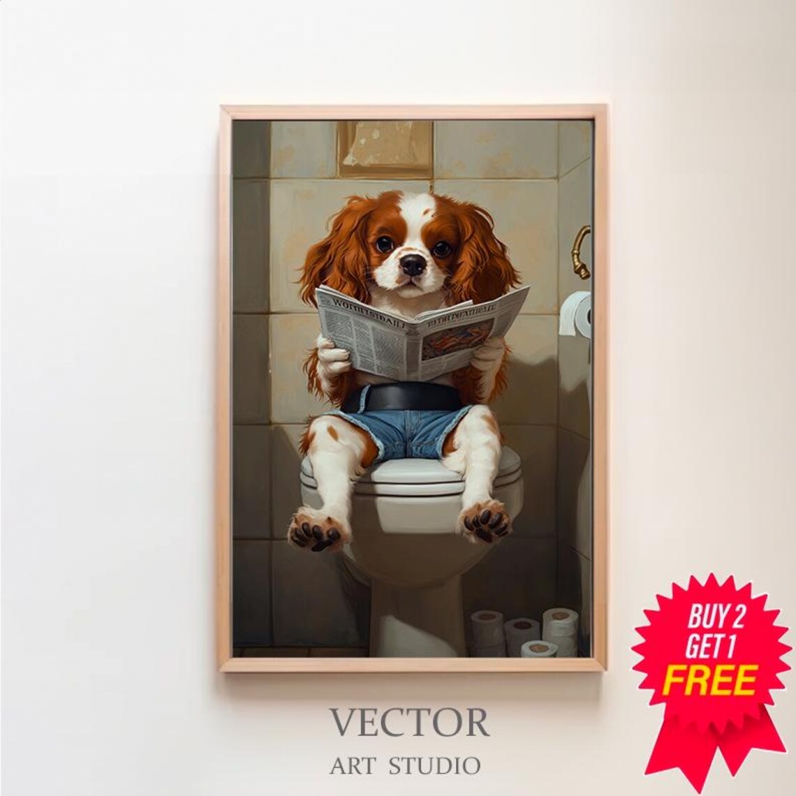 Cavalier King Charles Puppy On Toilet Reading Newspaper Poster