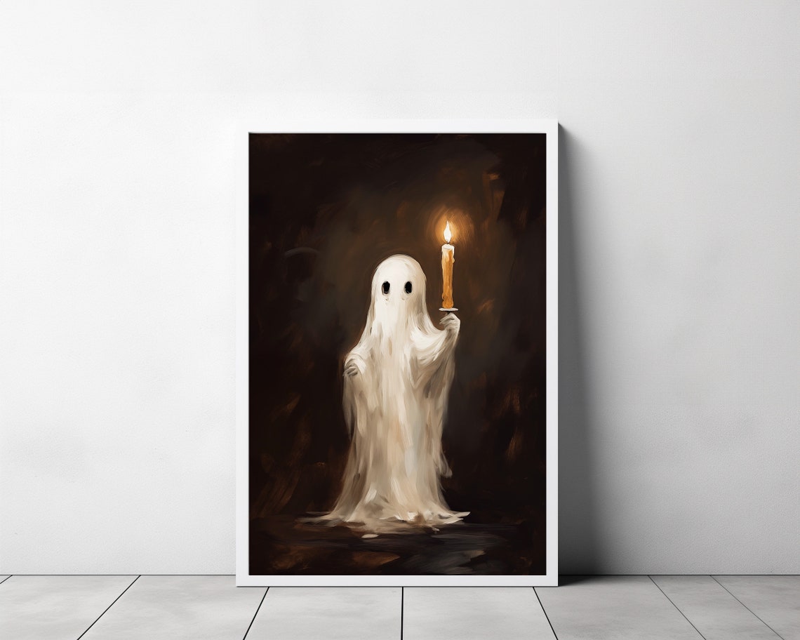 Small Ghost Holding a Lit Candle Alone in a Dark Room Poster - Image 3