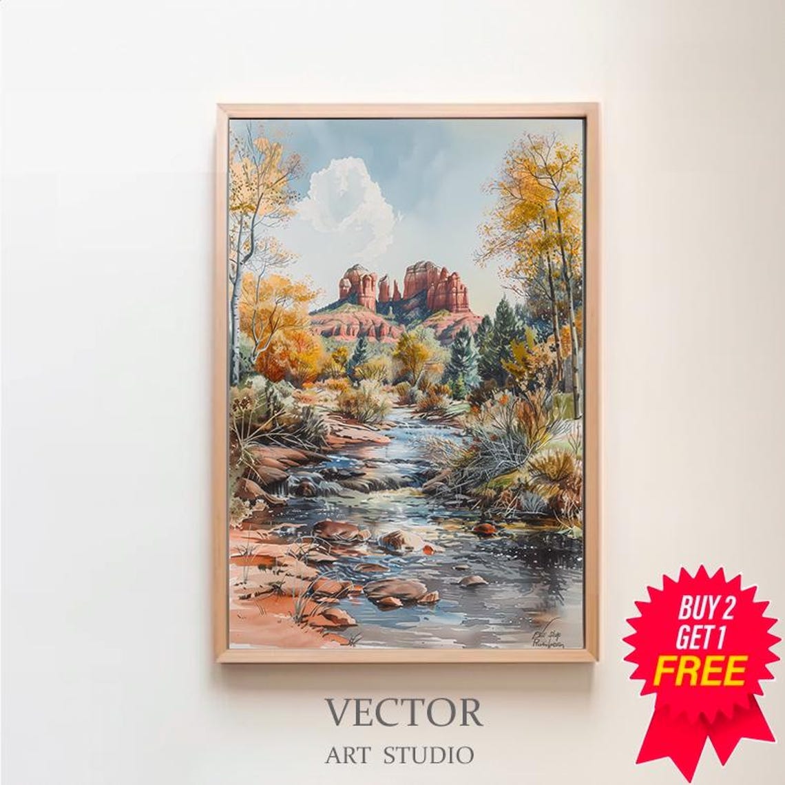 Sedona Red Rocks Creek Autumn Cottonwoods Watercolor Landscape Poster