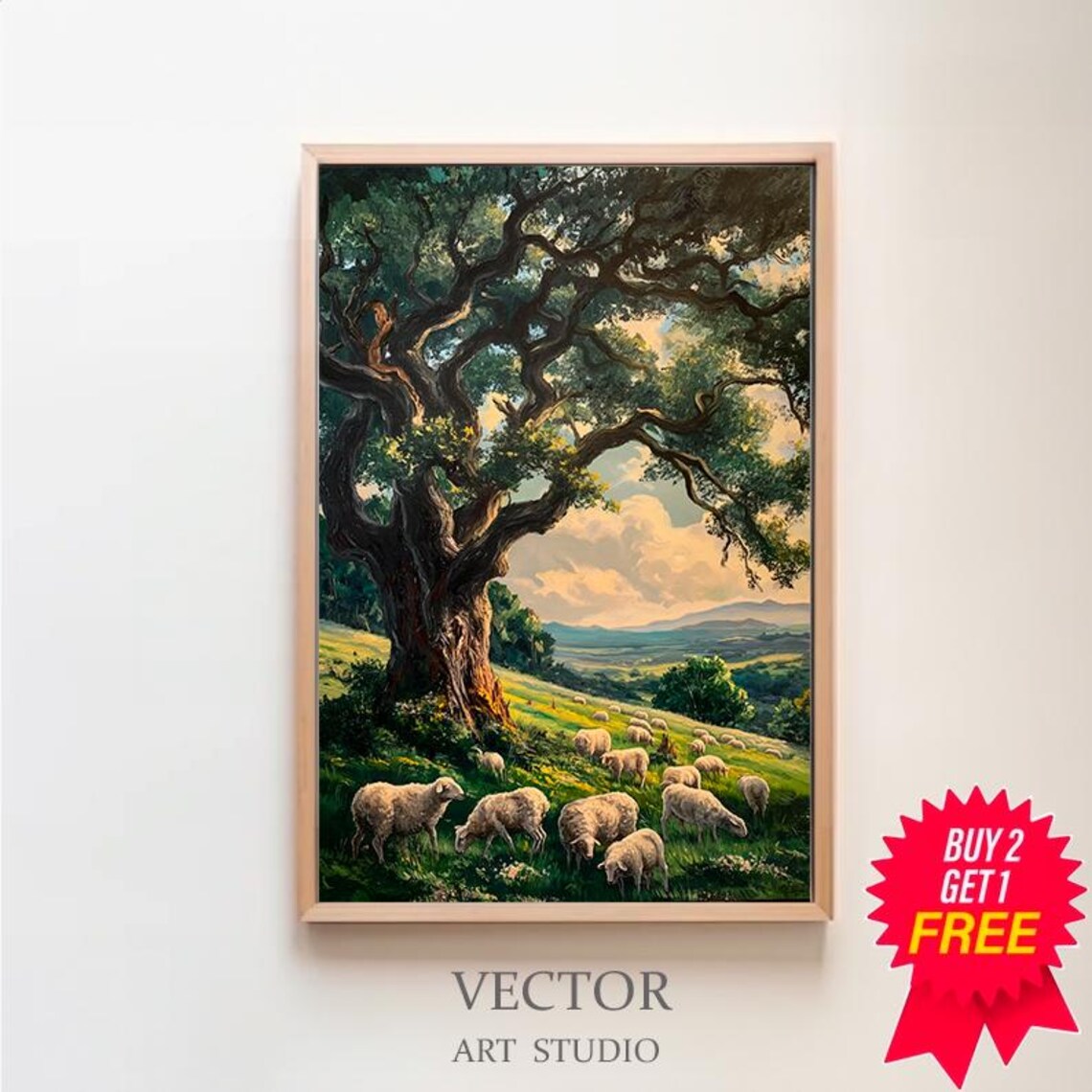 Sheep In Forest Spring Painting, Vintage Farmhouse Decor