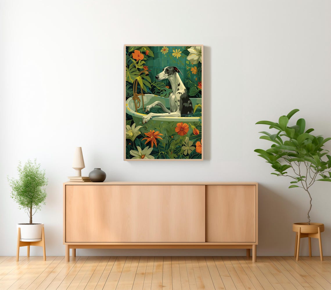 Greyhound Dog Relaxing in Bathtub Amid Tropical Flowers Poster - Image 2