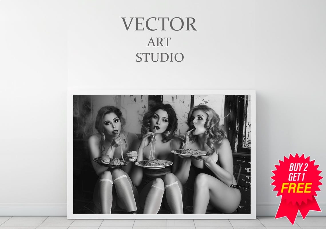 Three Retro Pin-Up Style Girls Eating Spaghetti Photo Poster - Image 3