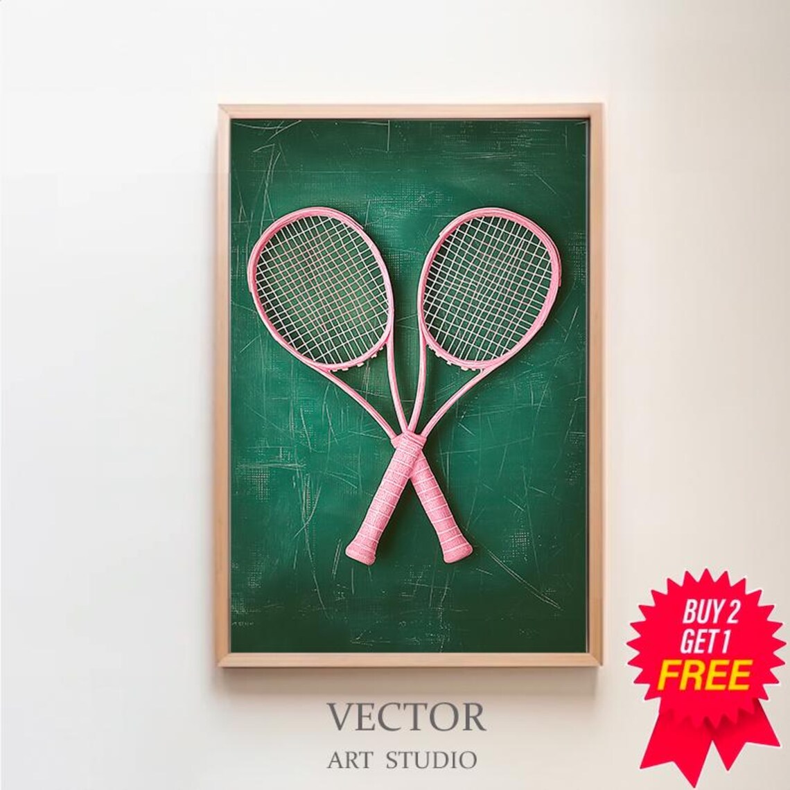 Crossed Pink Tennis Rackets on Moody Green Chalkboard Style Poster