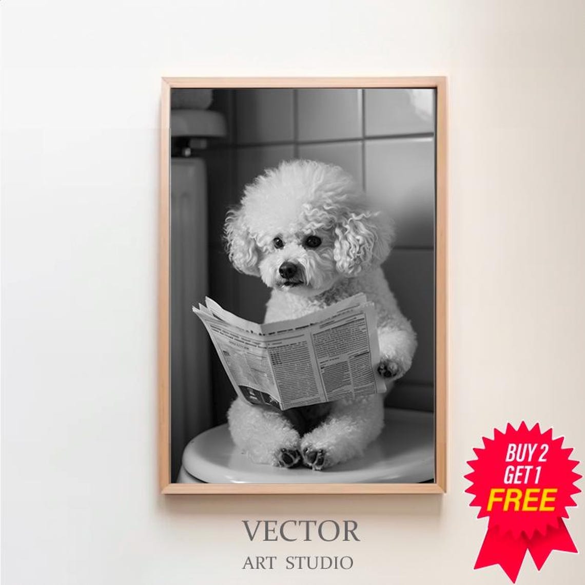 Bichon Frise on Toilet Reading Newspaper Black and White Funny Print