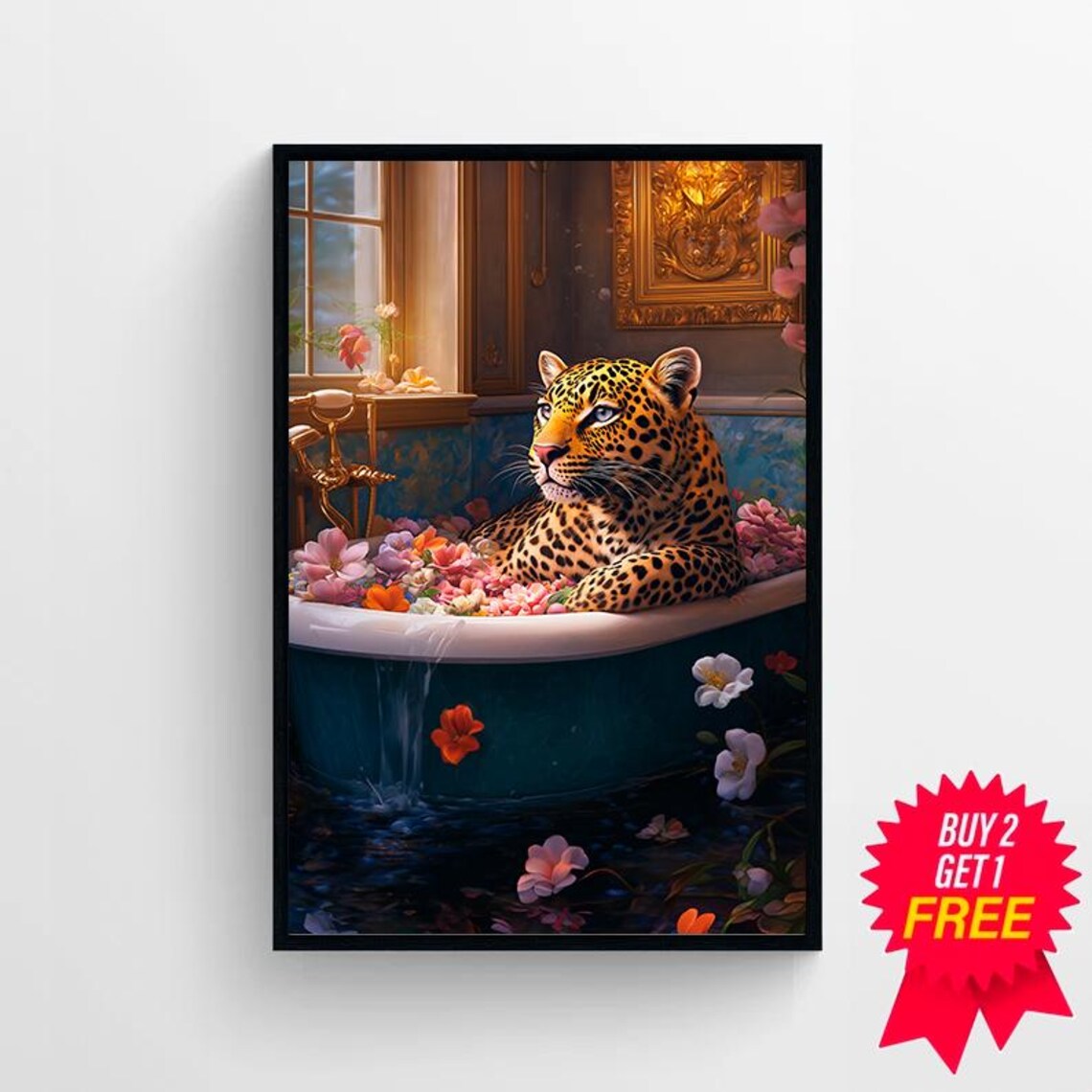 Leopard Lounging in a Flower-Filled Teal Bathtub Maximalist Animal Poster - Image 4