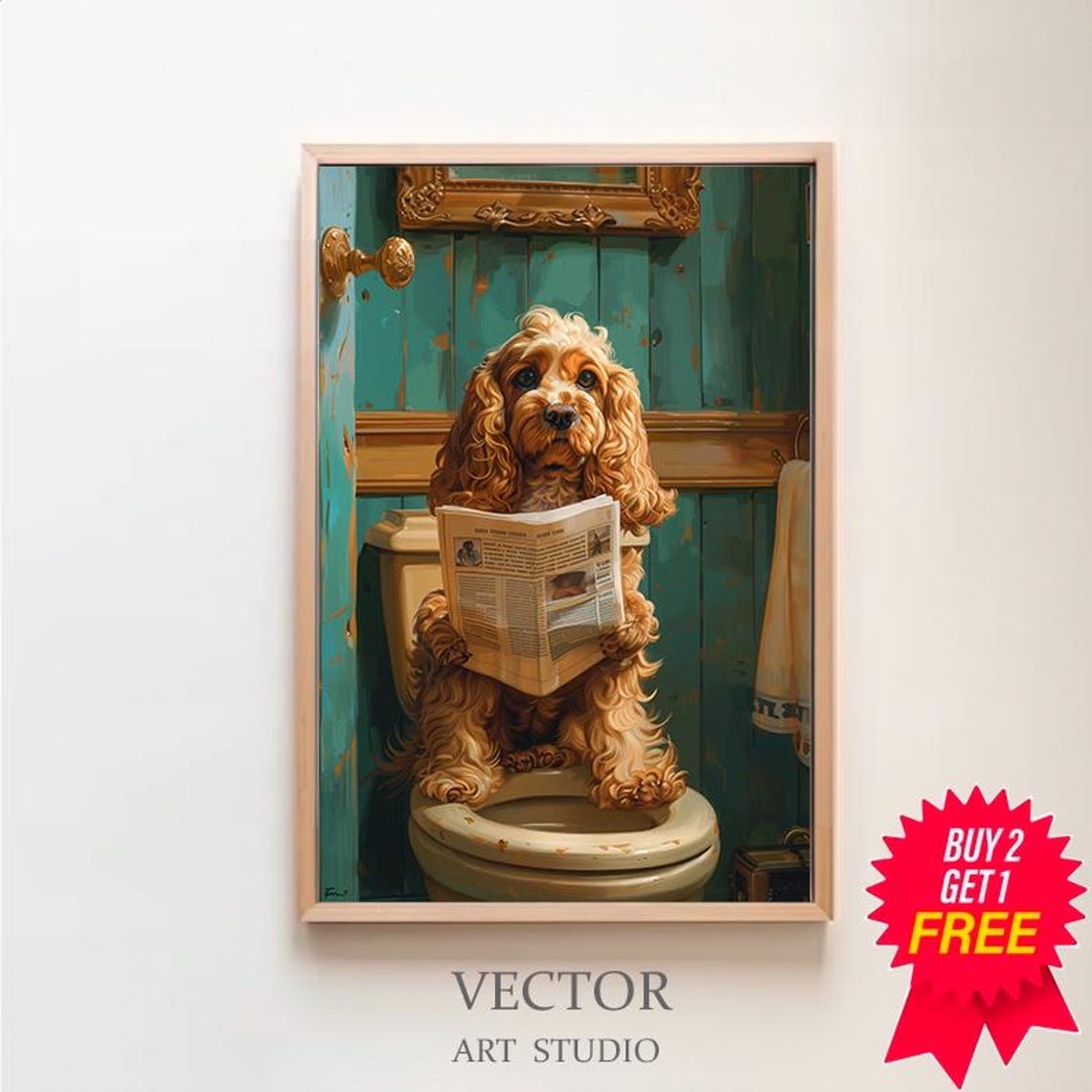 Funny Golden Cocker Spaniel Reading Newspaper on the Toilet Poster