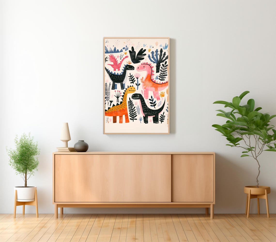 Playful Smiling Dinosaurs Among Prehistoric Plants Nursery Poster - Image 2