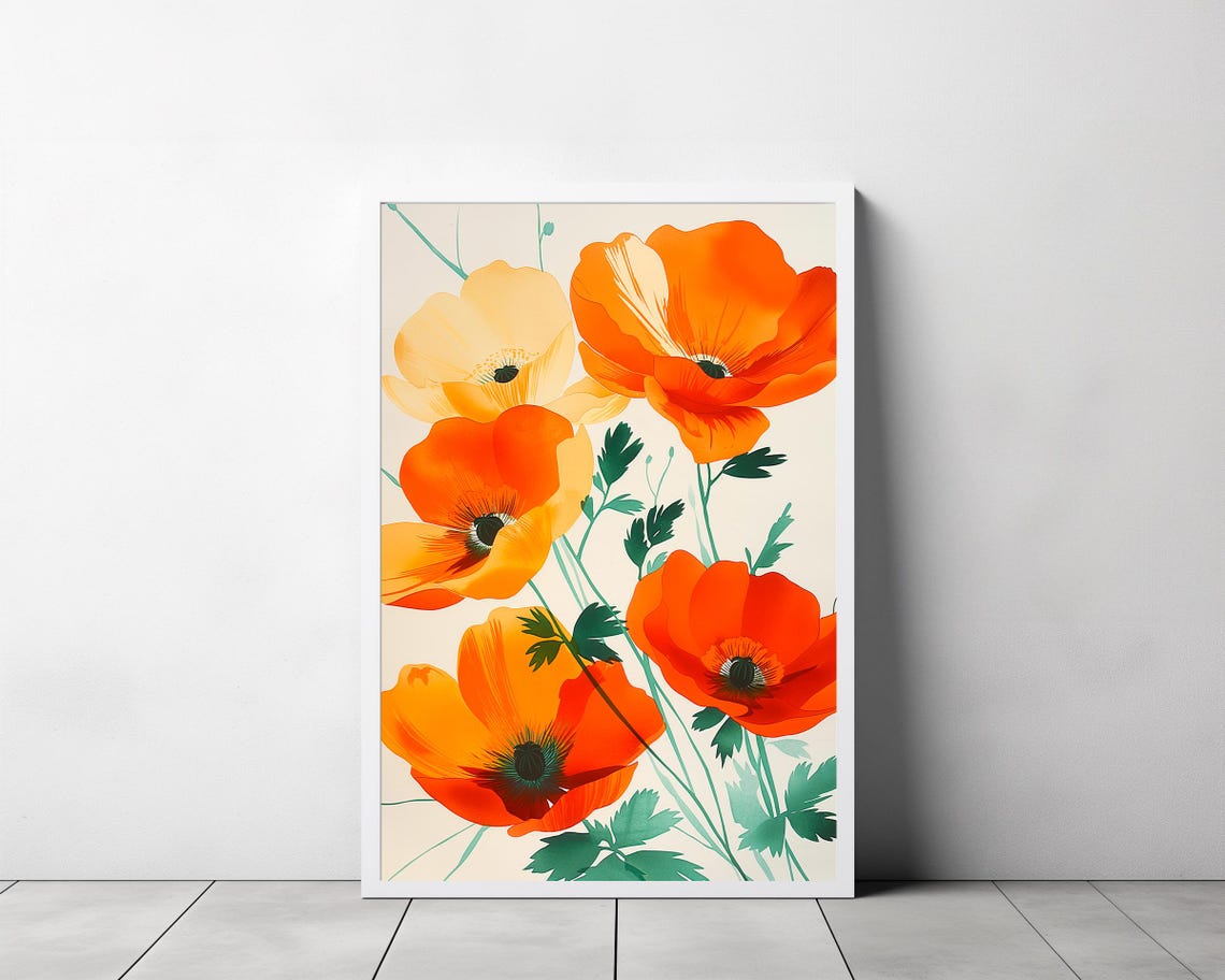 Orange Poppy Blossoms on Cream Modern Botanical Style Poster - Image 3