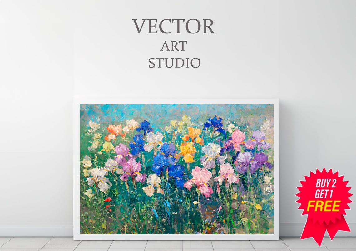 Multicolor Iris Field Blooming Under A Bright Blue Sky Poster - Image 3
