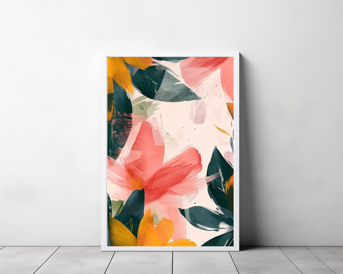 Bold Brushstroke Floral Abstract in Coral Pink and Green Poster - Image 3