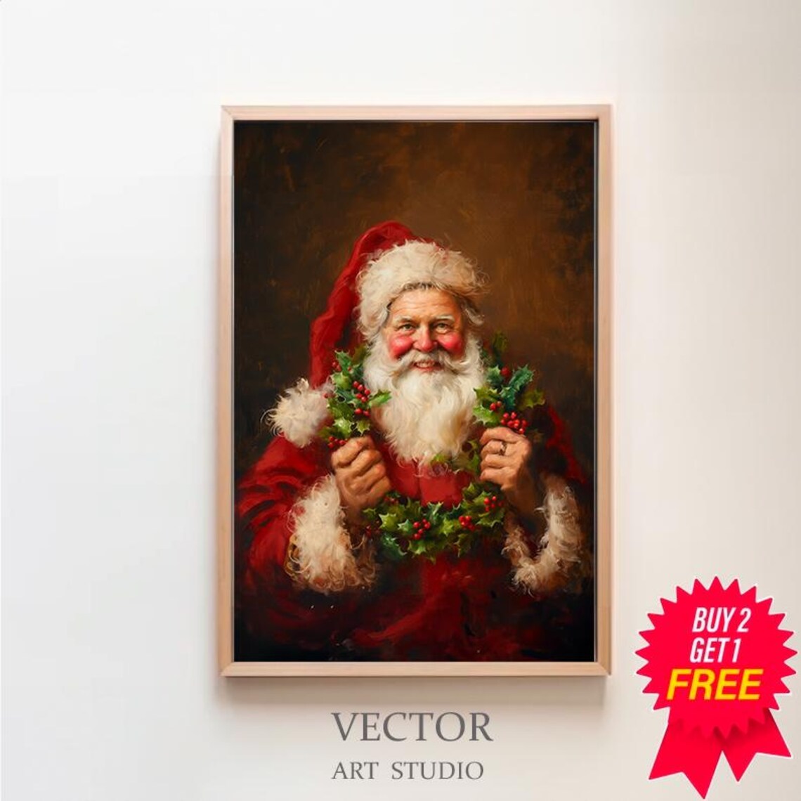 Vintage Santa Holding Holly Wreath Christmas Oil Painting Poster