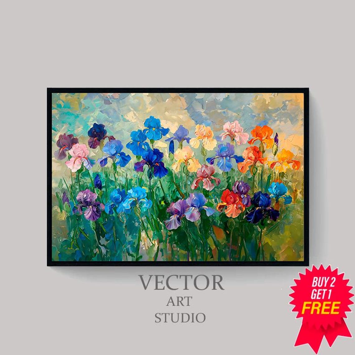 Rainbow Iris Field Under A Teal Sky Textured Impasto Art Poster - Image 4