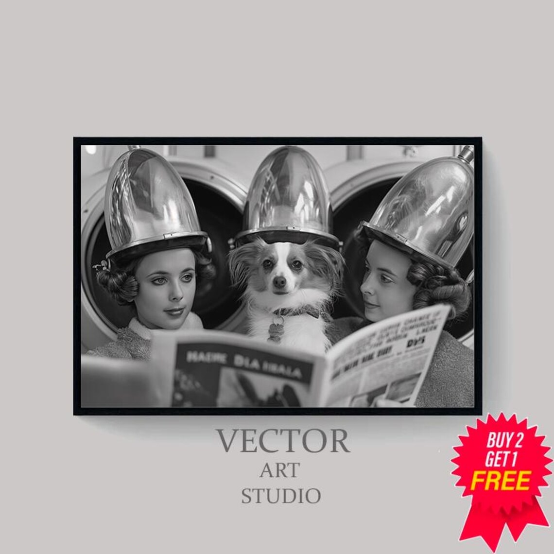 Funny Women with Dog Under Vintage Hair Dryers Reading News Poster - Image 4
