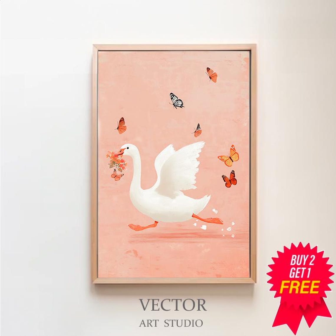 Silly Goose Wall Art Kids Room Print Cute Goose Poster Girl Nursery Decor Beige Farm Animal Girls Room Poster Butterfly Wall Art