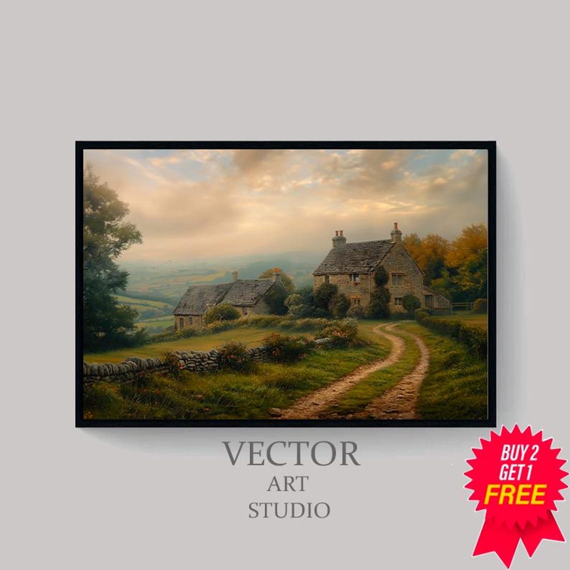 Stone Country Cottages at Sunset with Winding Dirt Road Poster - Image 4