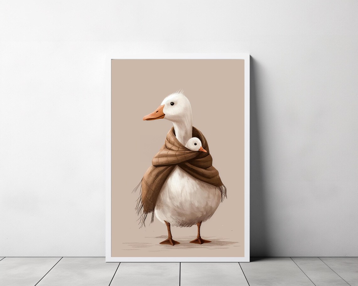 Mother Duck Wrapping Duckling in Brown Scarf Sweet Nursery Poster - Image 3