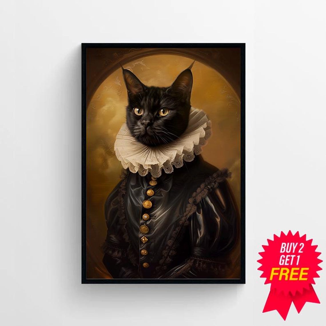 Regal Black Cat Renaissance Ruff Collar Portrait Golden Art Poster - Image 4