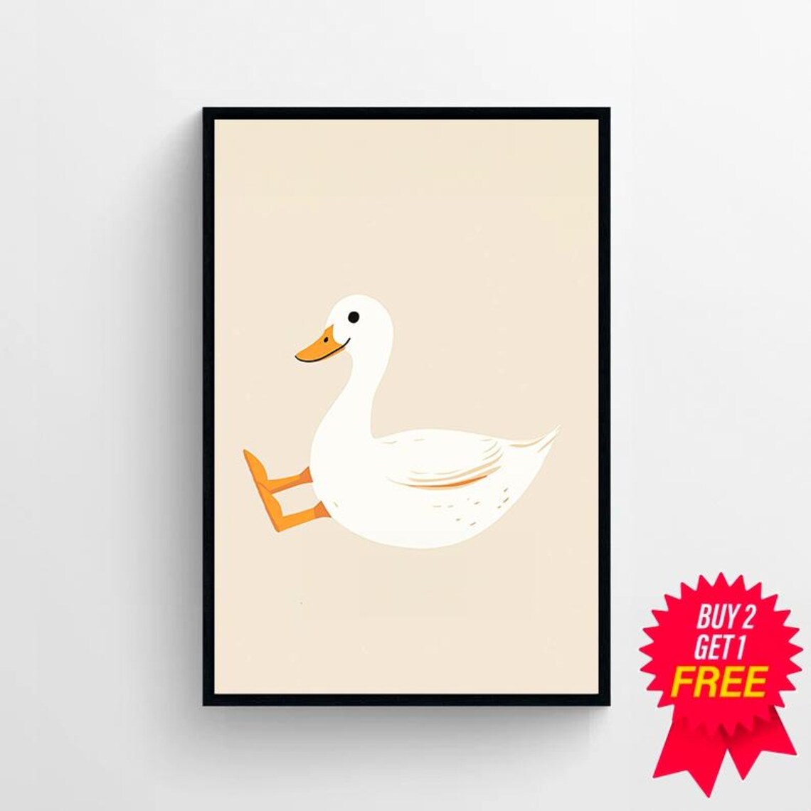 Cheerful White Duck Running on Warm Beige Background Nursery Poster - Image 4