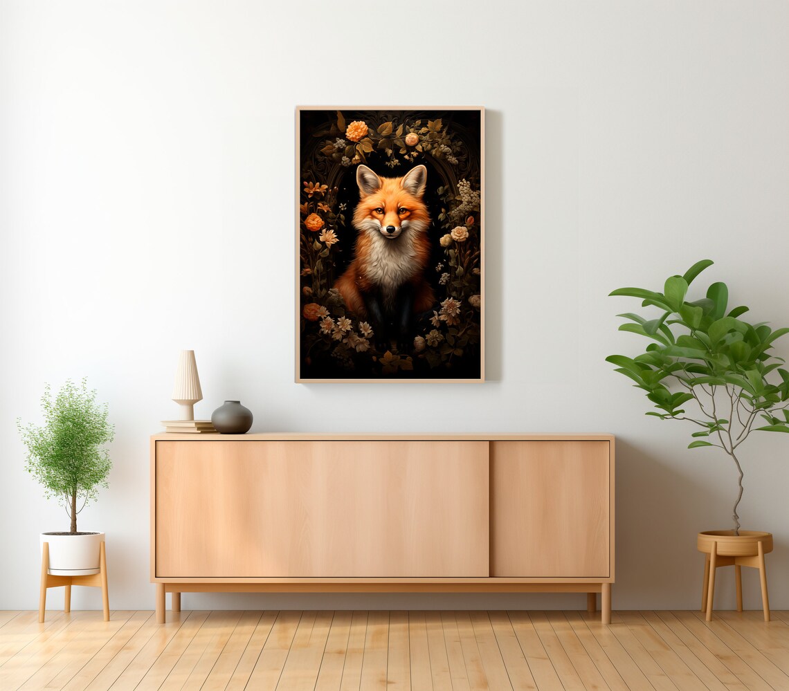 Red Fox Framed by Flowers on Dark Botanical Background Wildlife Art Poster - Image 2