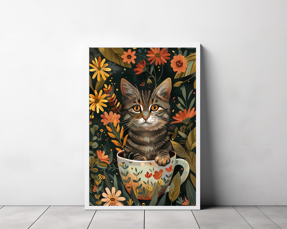 Tabby Cat Jungle Bathtub Poster, Boho Botanical Decor - Image 3