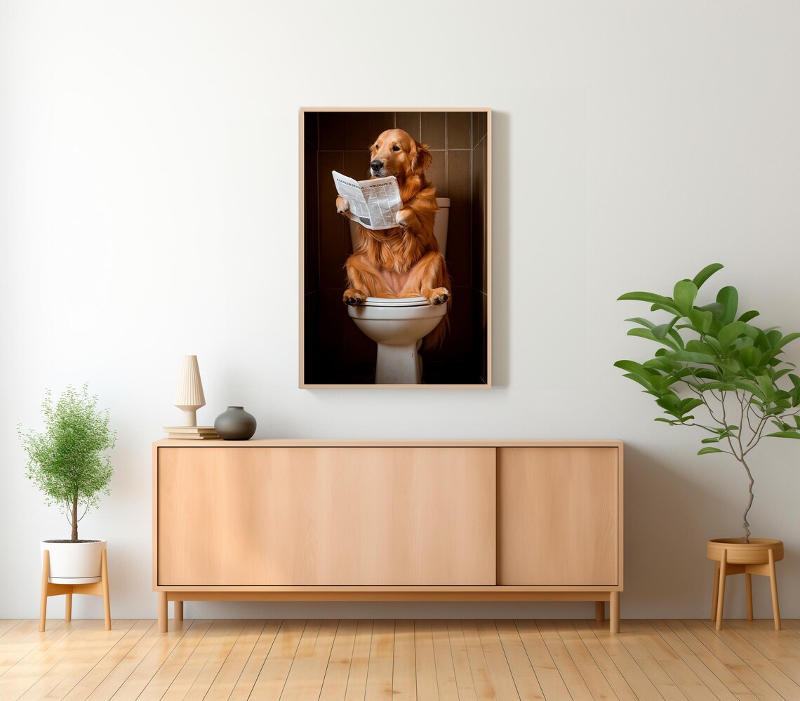 Golden Retriever Reading Newspaper On The Toilet Funny Dog Poster - Image 2