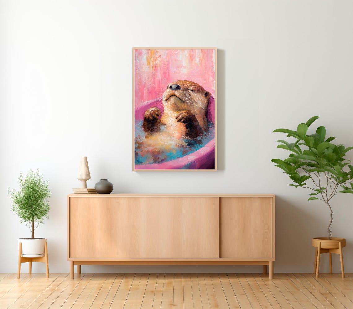 Blissful Otter Enjoying a Bubble Bath in Pink and Blue Art Poster - Image 2