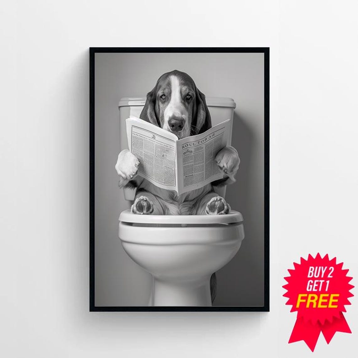Basset Hound Reading Newspaper on Toilet Funny Animal Poster - Image 4