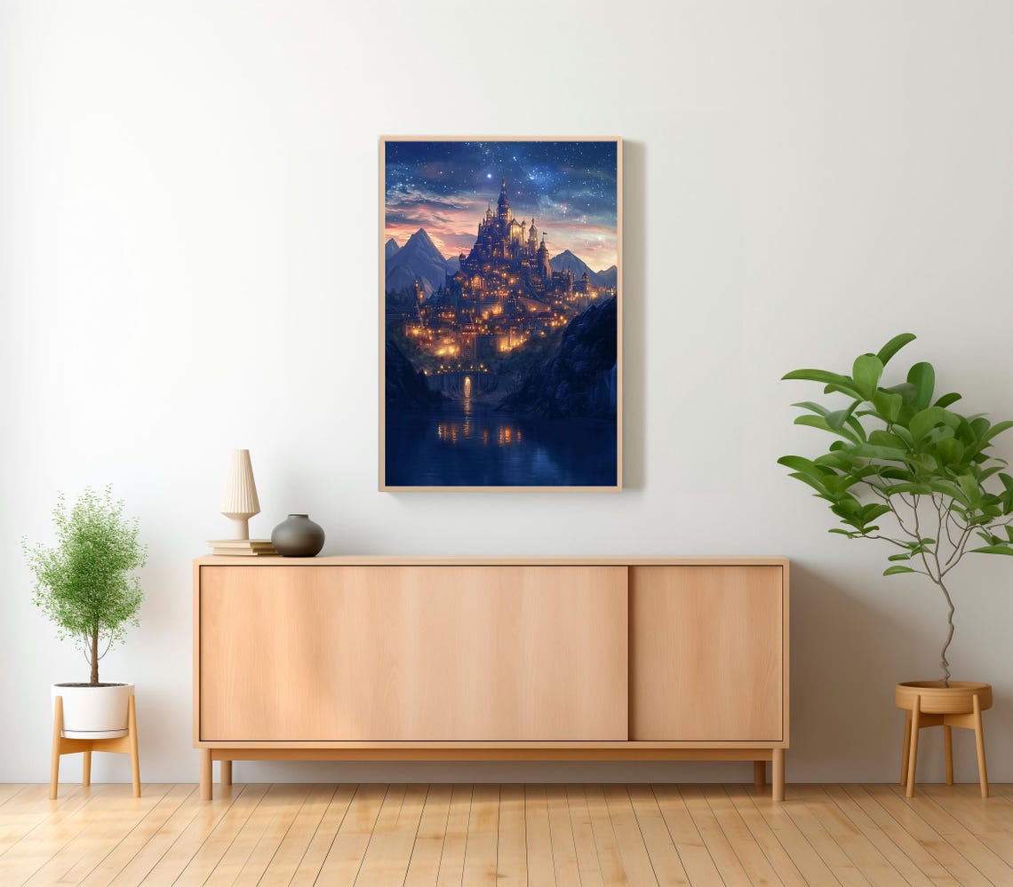 Starlit Castle Town With River Reflection Sunset Fantasy Poster - Image 2