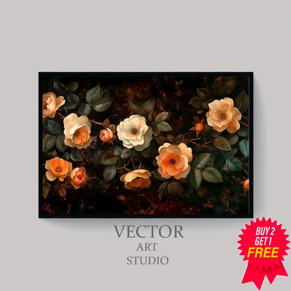 Dark Moody Cream Apricot Roses Vintage Botanical Floral Poster - Image 4