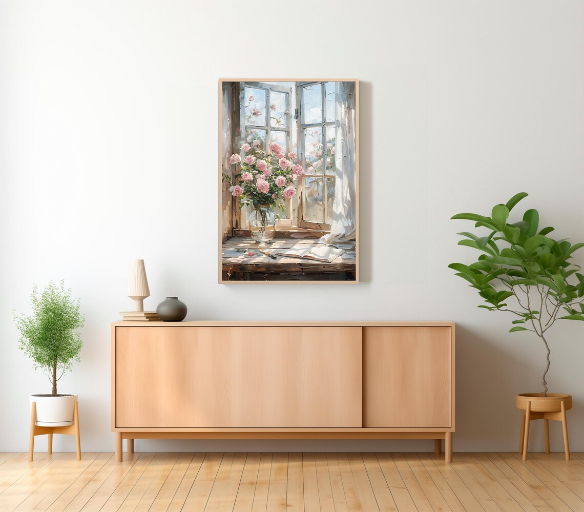 Pink Roses in Glass Vase by Sunlit French Windows Art Poster - Image 2