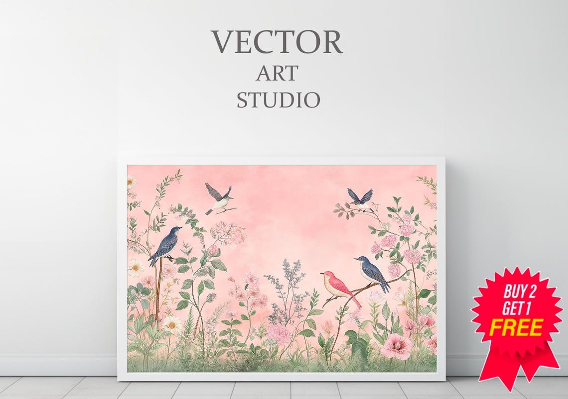 Chinoiserie Birds Among Blush Pink Blossoms Asian Botanical Art Poster - Image 3