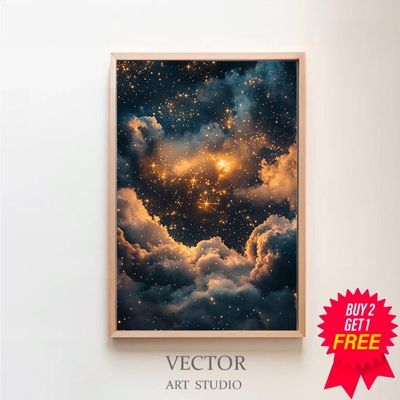 Moody Celestrial Print Dark Academia Decor Starry Night Night Sky Abstract Night Sky Star Print Gothic Print Gold Maximum Oil Painting