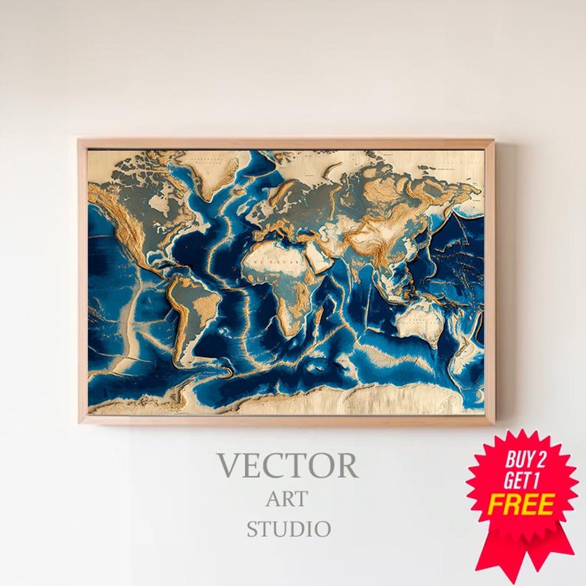 Ocean Floor Topographic World Map in Navy Blue and Gold Tones Poster