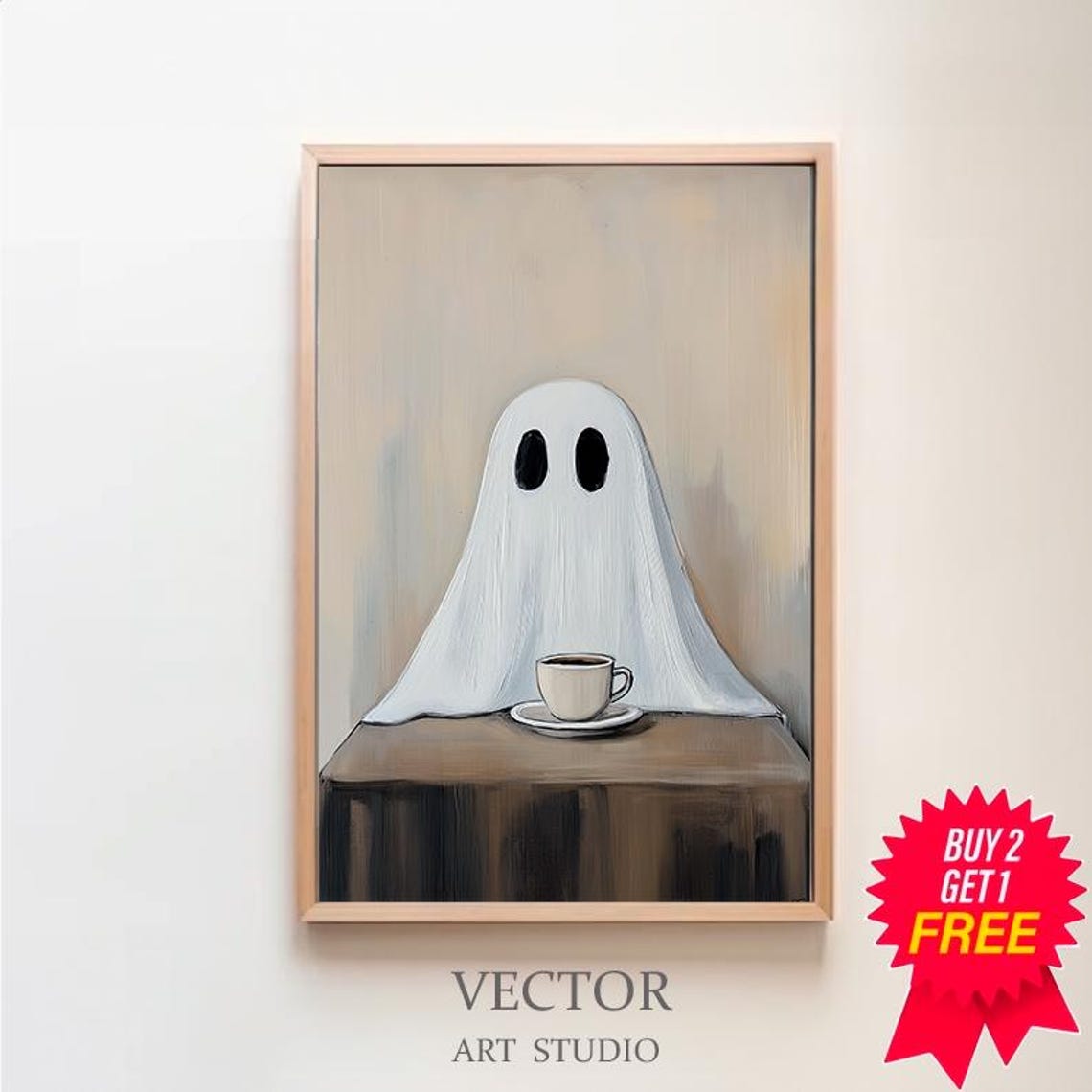 Cute Ghost Behind Table with Coffee Whimsical Painting Poster