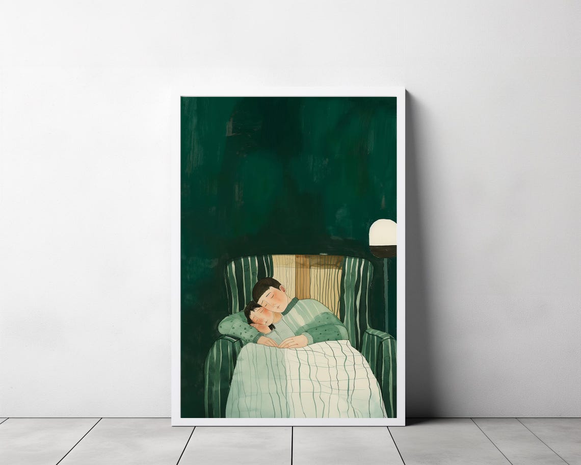 Couple Embraced in Bed Under an Emerald Green Night Sky Art Poster - Image 3