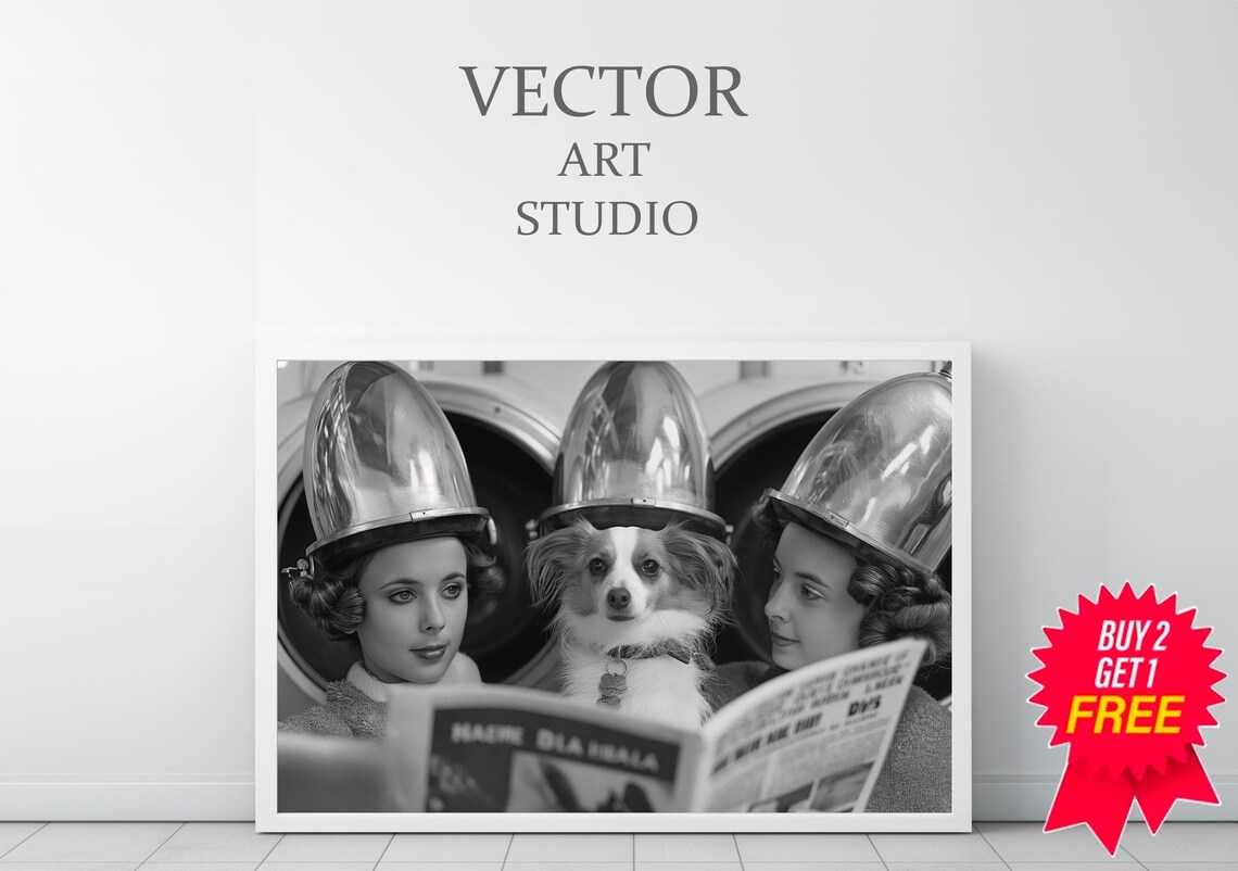 Funny Women with Dog Under Vintage Hair Dryers Reading News Poster - Image 3
