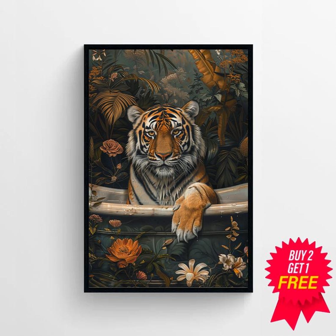 Tiger Resting Over Tub Edge Dark Jungle Botanical Painting Wall Poster - Image 4