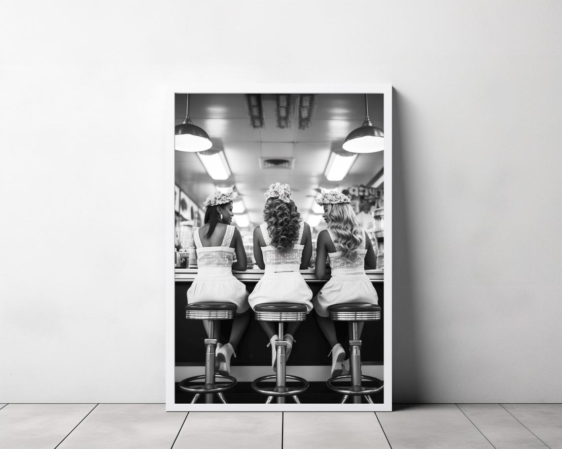 Three Women at Retro Diner Counter Black and White Photo Poster - Image 3
