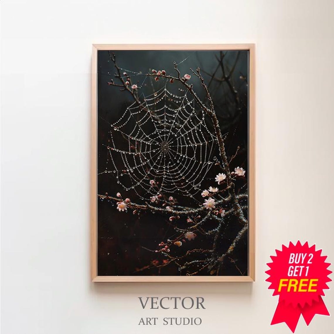 Dewy Spider Web Glinting on Blossoming Branches Moody Poster