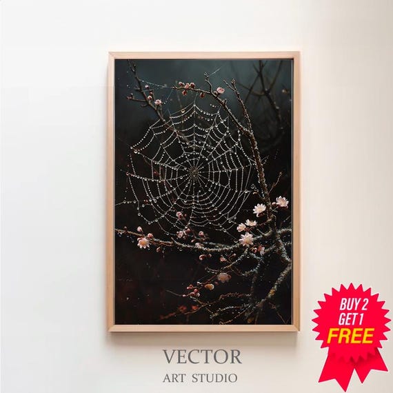 Spider Web Dark Forest Core Dark Cottagecore Academia Botanical Floral Wall Art Decor Moody Vintage Oil Painting