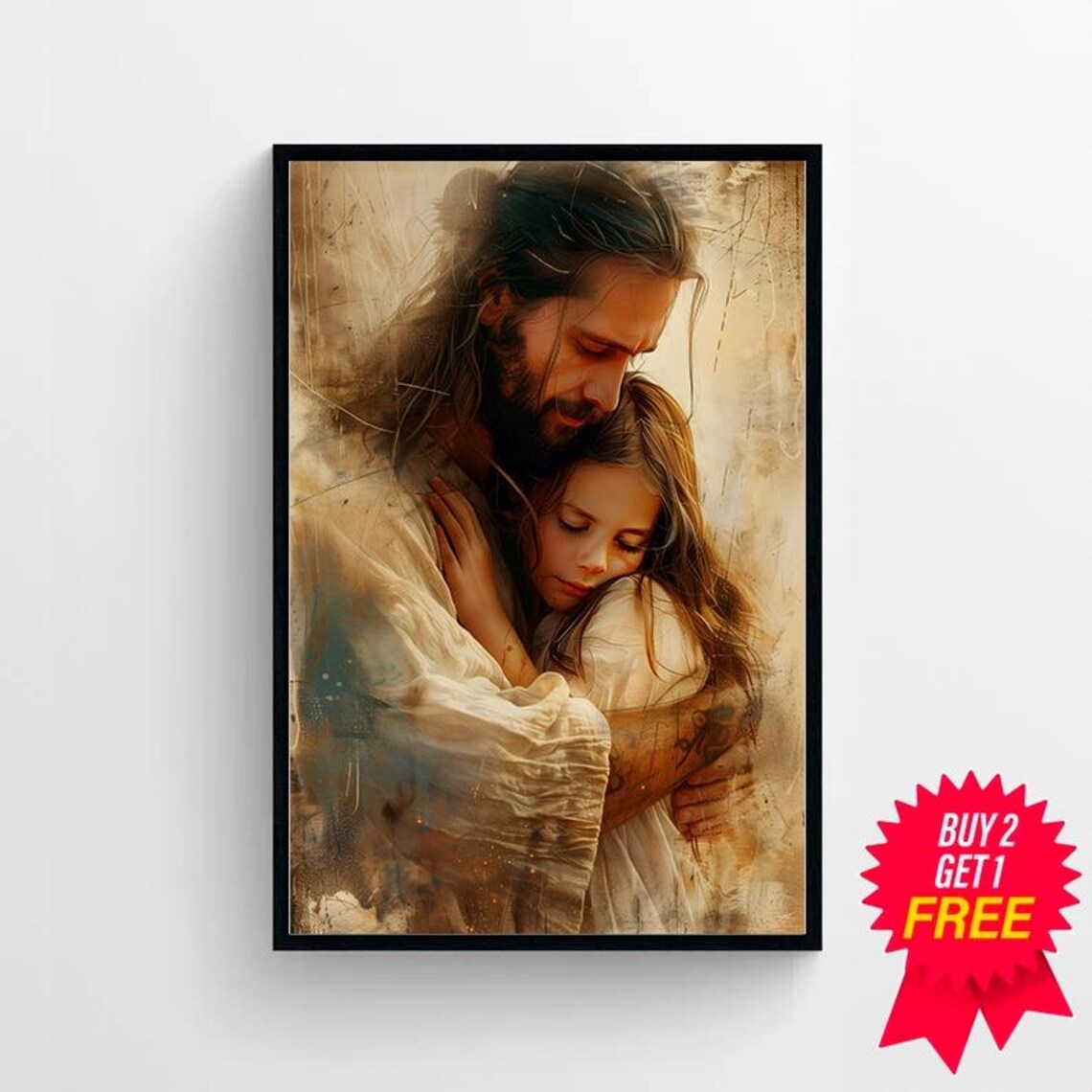 Jesus Embracing a Young Girl Comforting Christian Art Poster - Image 4