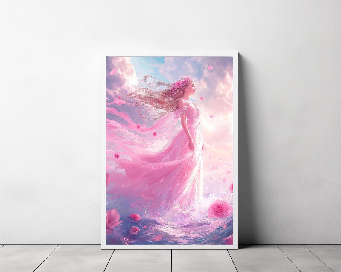 Aphrodite Goddess in a Flowing Pink Gown Among Pink Roses Poster - Image 3